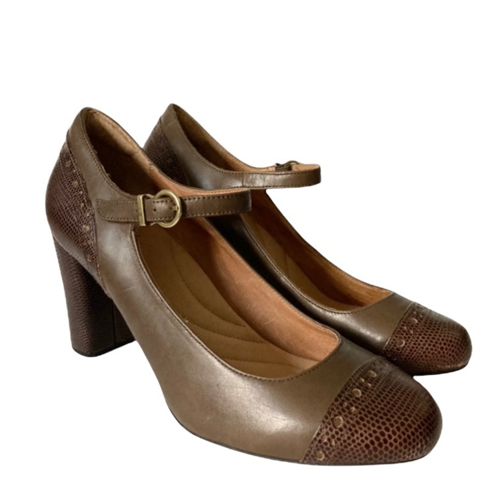 NEW NWOT Clarks Brown Leather & Snakeskin Chunky Heel Maryjane Pumps Size 9